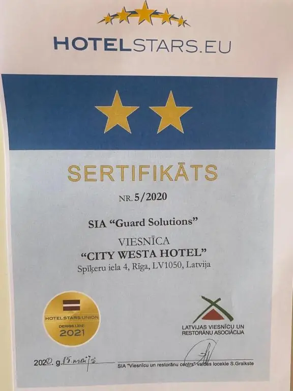 City Westa Hotel facilities certificate